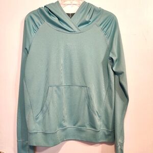 Patagonia Light Blue Mesh Knit Pull Over Hoodie Thumb Holes Sz Large